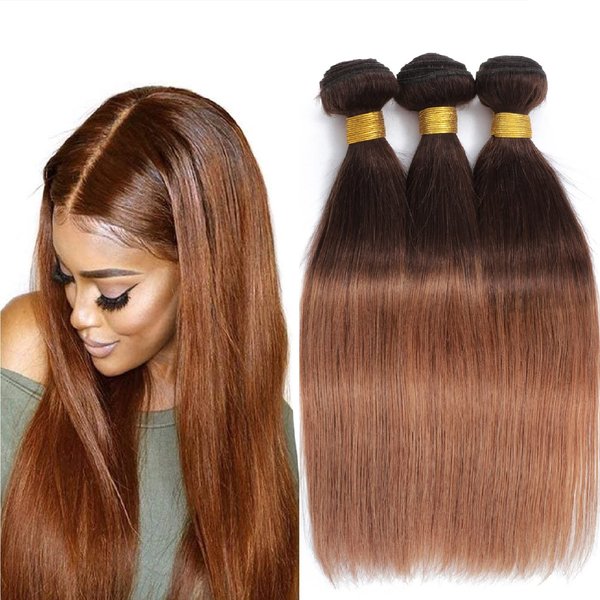 10A Ombre Human Hair Bundles Straight Bundles Brazilian 100% Unprocessed Virgin Remy Hair Bundles Straight Ombre Hair 2 Tone Black to Honey Brown Human Hair Extensions (T4/30, 16 18 20)