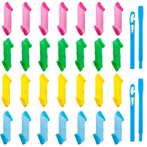 28 Pieces Heatless Curlers No Heat Spiral Curls Hair Curlers Styling Kit with 2 Pieces Styling Hooks for Most Kinds of Hairstyles (Assorted Color, 15 cm)