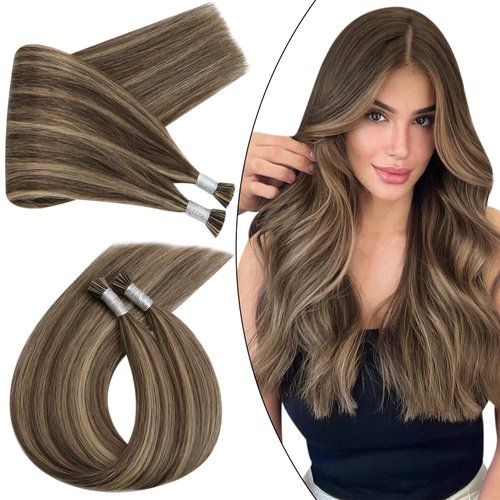 Ugeat Itip Human Hair Extensions 20 Inch I Tip Hair Extensions Human Hair #P4/27 Brown Highlight with Blonde Itips Human Hair Extensions 40 Grams Cold Fusion Hair Extensions Human Hair