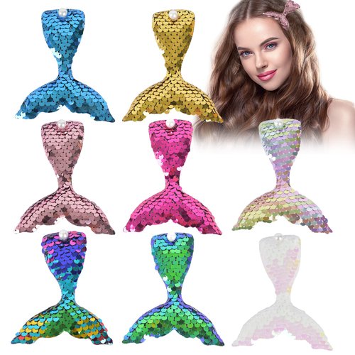 VYNYJOAN 8PCS Mermaid Tail Hair Clips Sequins Hairpins Sparkly Hair Accessories with Pearl for Girls Women