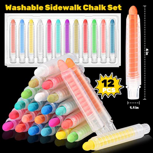 ZHBDMGK Sidewalk Chalk Set with Holder for Kids, 12Pcs Dust-free Washable Toddler Chalk in 12 Colors for Blackboard Drawing Writing Toys Gift Party Favors
