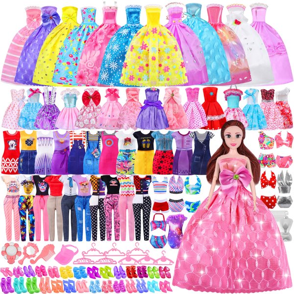 79 Pcs Doll Clothes and Accessories with Doll, Princess Gowns, Fashion Dresses, Slip Dresses, Top, Pants, Jumpsuit, Swimsuits, Shoes, Hangers, Doll Dress up Toys for Girls Kids Toddlers Toy Gifts