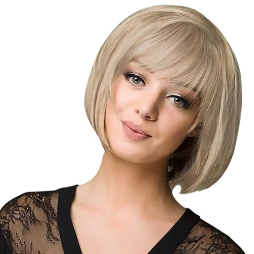BECUS Short Bob Wig with Bangs Heat Resistant Synthetic Straight Wigs for Women Cute Dark Ash Blonde Blended (10inch, Blonde)