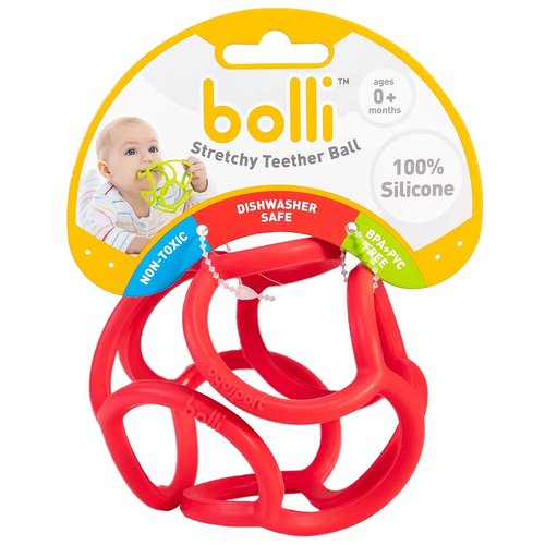 OgoBolli Teething Ring Tactile Sensory Ball Toy for Babies & Kids - Stretchy, Soft Non-Toxic Silicone - Ages 3 Months and up - Red
