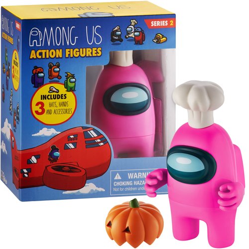 P.M.I. Among Us Action Figure | One of Four 4.5-Inch-Tall Collectibles | Among Us Toys and Playable Mini Toys | Pink Crewmate in The White My Name Chef with Hidden Hat and Hands