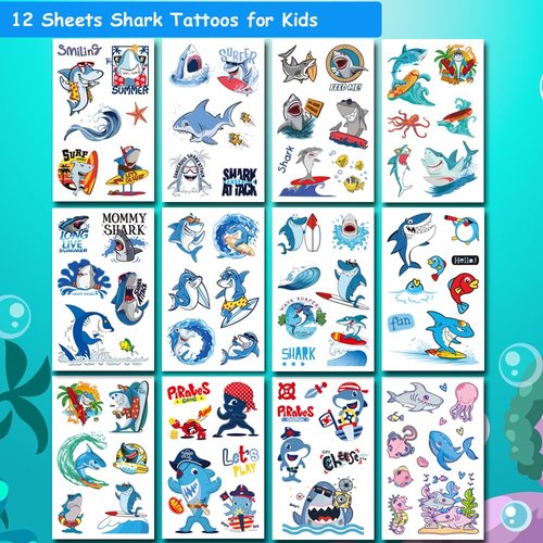 Hohamn Shark Temporary Tattoo for Kids - 100+ Cartoon Shark Ocean Sea Creature Summer Tattoos for Boys Beach Birthday Party Supplies Favors