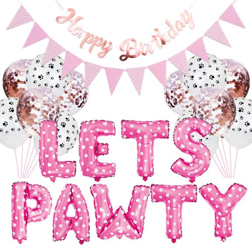 Esweny Dog Cat Birthday Party Supplies,Dog Paw Print Balloons Sequined Balloon,Lets Pawty Balloons, Happy Birthday Banner Foil Balloons Pet Party Decoration