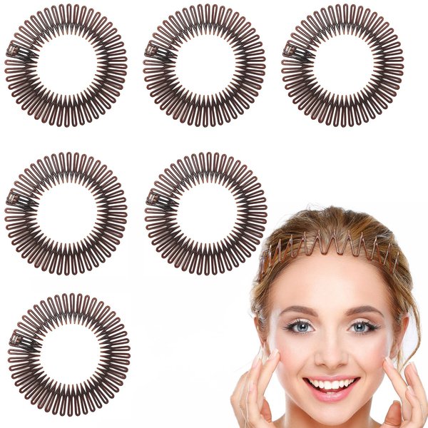 6 PCS Full Circular Stretch Comb Headbands Plastic Flexi Comb Circle Headbands with Teeth for Women's Hair Flexible Plastic Circle Comb Women Lady Stretch Plastic Full Circle Hair Comb (Brown)