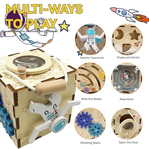 YODIFFMI Wooden Activity Cube Montessori Toys for 3 Year Old Baby Toys Toddlers Birthday Gift Boys Girls Sensory Interactive Learning Toys (Spaceman)