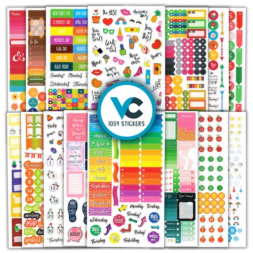 Cute & Colorful Planner Stickers (1054 pcs Value Pack) - Functional & Decorative Designer Stickers for Bullet Journals, Planners & Calendars - Planner Accessories by Vladi Creative