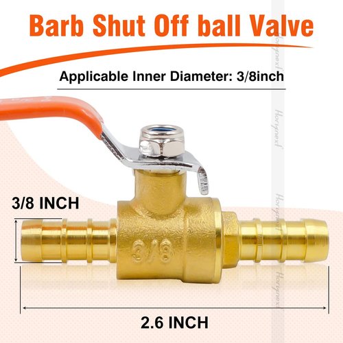 Horiznext 3/8 inch mini 2 way brass barb air ball valve for water gas fuel shut cut off 10mm pex tubing, (2pc in pack)