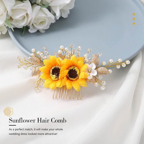 Jeairts Sunflower Bride Wedding Hair Comb Crystal Pearl Bridal Hair Pieces Leaf Side Combs Hair Dress Decorative Hair Accessories for Women and Girls (2-Gold)