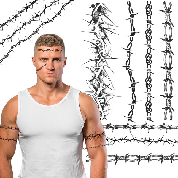 5 Sheets Temporary Tattoos adult, Halloween Barb Wire Tattoos Stickers, Prison Prisoner Inmate Barbed Wire Tattoos Costume, Barbwire Arm Tribal Pattern Tattoo(Black)