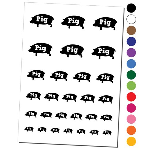 Pig Silhouette Fun Text Temporary Tattoo Water Resistant Fake Body Art Set Collection - Black (One Sheet)