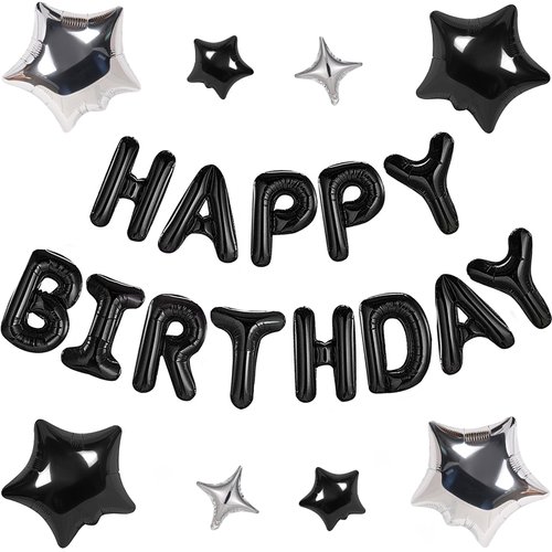 CANREVEL Happy Birthday Banner 13pcs 16 Inch Mylar Foil Letters Sign with 8pcs Star Balloons Birthday Party Decorations for Kids and Adults - 3D Black