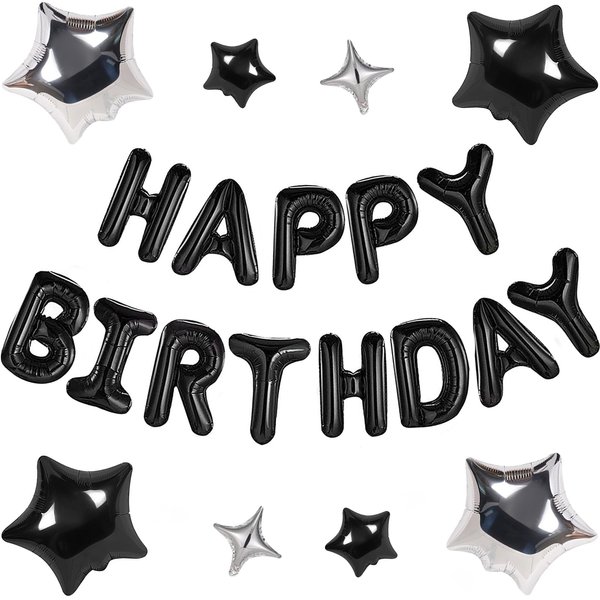 CANREVEL Happy Birthday Banner 13pcs 16 Inch Mylar Foil Letters Sign with 8pcs Star Balloons Birthday Party Decorations for Kids and Adults - 3D Black