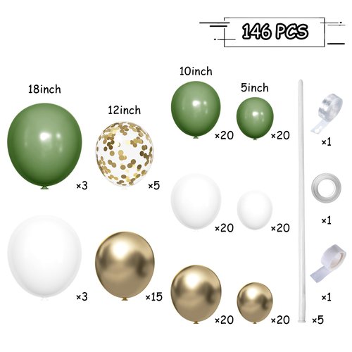 MEBAY Green White Gold Balloon Arch Kit, 146Pcs Avocado Green Metallic Chrome Gold Confetti and White Latex Balloons for Wedding Birthday Baby Shower Decoration