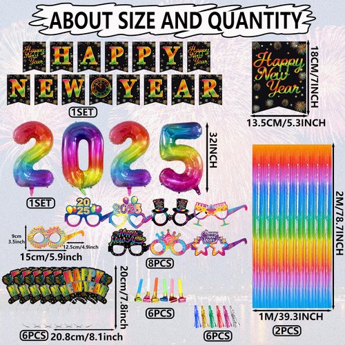 2025 Decorations Kit Rainbow New Years Eve Party Supplies, 2025 Balloons Curtain, Colorful Firework Happy New Year banner Headband Cone Hats Eyeglasses Blowouts for New Year's Party Favors
