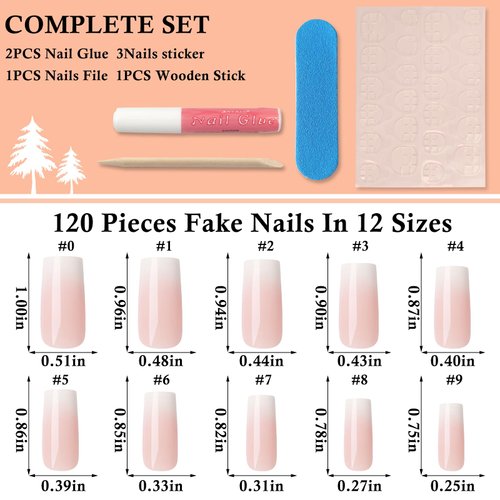 LoveOurHome 120pc Square Press on Nails Long Fake Nails Ombre Nude False Nail Full Cover Square Nails Press ons Nail Glossy Artificial Nail Tips Presson Fingernails with Nail Glue Adhesive Tabs