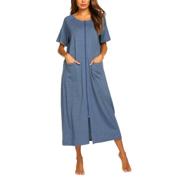 Ekouaer Women Short Sleeve Zip-Front O-neck Bathrobe Sleepwear Long Robe