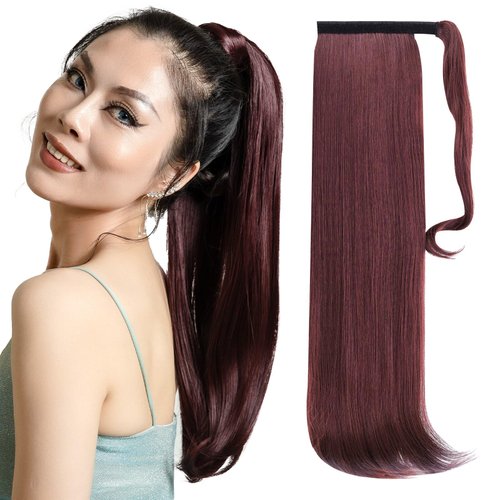 JNALLY Ponytail Extension,Burgundy Ponytail Hair Extensions Clip in Wrap Around Long Straight Wavy22 Ponytail Extension Synthetic for Women