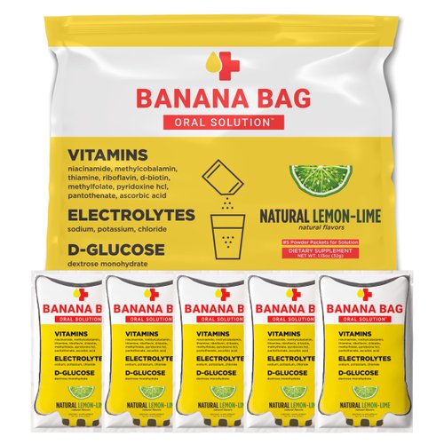 Banana Bag Oral Solution - Pharmacist Hydration Recovery Formula - Electrolyte & Vitamin Powder Packet Drink Mix - Natural Lemon Lime - Pack of 5