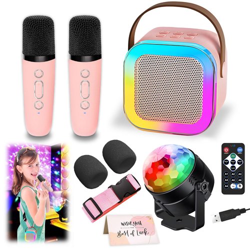 Karaoke Machine for Kids, Portable Bluetooth Speaker with 2 Wireless Microphones, 1 Disco Ball Strobe Lamp 7 Modes Stage Light for Home Room Dance Parties Birthday