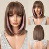 Tumhorn Short Straight Brown Wigs Synthetic Pink Highlights Bob Wigs for Women Heat Resistant Natural Looking Wig with Bangs