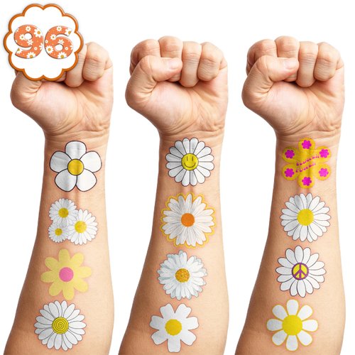 105 PCS Daisy Flower Temporary Tattoos Cute Birthday Party Decorations Favors Supplies Decor Groovy Spring Boho Yellow While Daisy Flower Hippie Stickers For Girls Gift School Prizes Rewards