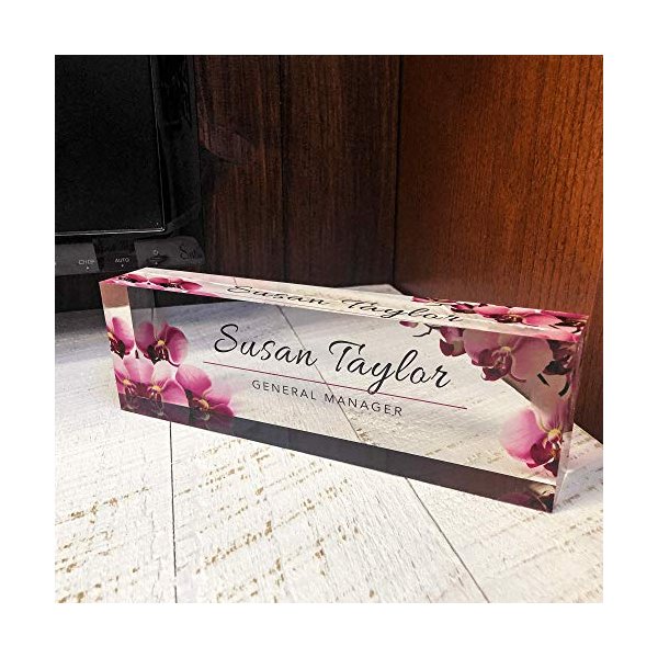 Artblox Custom Desk Name Plate - Orchids Design on Clear Acrylic Glass - Personalized with Your Name and Credentials for Office