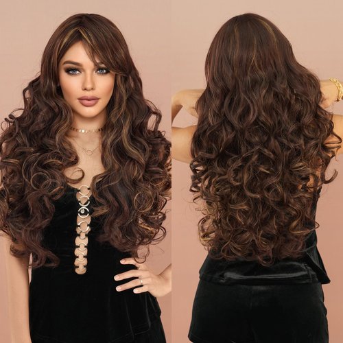 TRUMOST Long Wavy Reddish Brown Wig with Bangs 28 Inch Blonde Highlight Brown Synthetic Heat Resistant Side Part Wig Bang Natural Looking Brunette Wigs for Women Daily Party Use