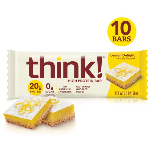 think! Protein Bars, High Protein Snacks, Gluten Free, Sugar Free Energy Bar with Whey Protein Isolate, Lemon Delight, Nutrition Bars Without Artificial Sweeteners, 2.1 Oz (10 Count)