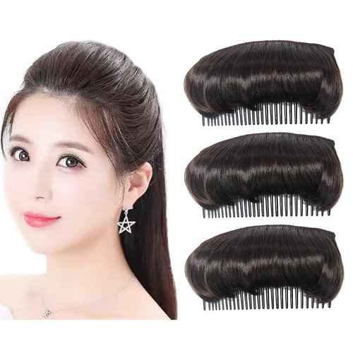 Elandy 3PCS Hair Bun Invisible False Hair Clip Bump It Up Volume Hair Base Fluffy Hair Pad Styling Insert Tool for Women Girls Dark Brown