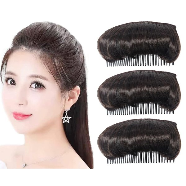 Elandy 3PCS Hair Bun Invisible False Hair Clip Bump It Up Volume Hair Base Fluffy Hair Pad Styling Insert Tool for Women Girls Dark Brown