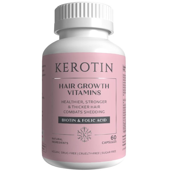 Kerotin Hair Growth Vitamins, Biotin Supplement, DHT Blocker, Collagen Stimulator, for Hair Loss Support, Nail & Skin Care, Includes Saw Palmetto, Vitamin D3 & More - 60 Pills (1 Month Supply)