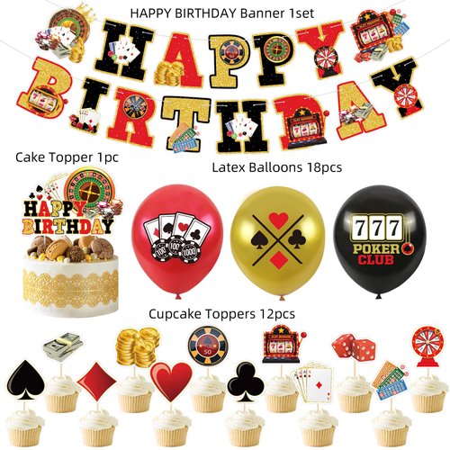 Casino Theme Birthday Party Supplies Las Vegas Theme Party Decorations Kit Poker Happy Birthday Banner Cupcake Toppers Balloons for Boys and Girls