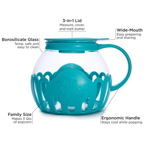 Ecolution Patented Micro-Pop Microwave Popcorn Popper with Temperature Safe Glass, 3-in-1 Lid Measures Kernels and Melts Butter, Made Without BPA, Dishwasher Safe, 3-Quart, Teal