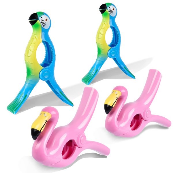 Beach Towel Clips, Sopito Jumbo Size Towel Clips for Chairs Cruise Patio and Pool Accessories, Set of 4 (Flamingo Parrot) Valentines Day Gifts