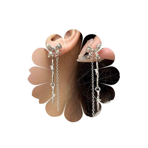 Sttiafay Vintage Bow Crystal Drop Earrings Silver Bar Dangle Earrings Long Crystal Bow Chain Earrings Cz Tassel Chain Earrings Jewelry for Women