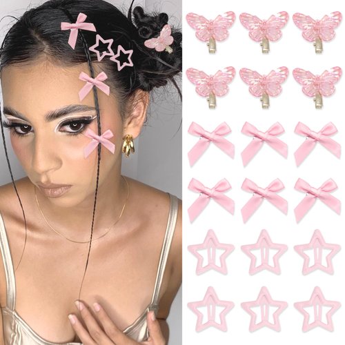 YAEISM 18PCS Pink Hair Clips Metal Non Slip Star Hair Snap Clips Aurora Butterfly Hairpin Y2K Hair Barrettes for Girls Women