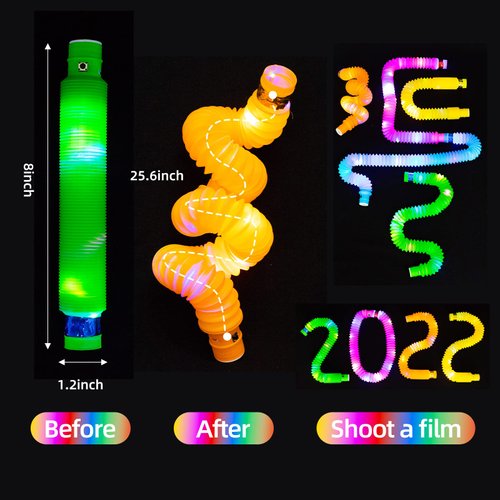 DJBoomy Light Up Pop Fidget Tubes: Glow Sensory Tube Stretch Toys for Kids Party Favors - Mini Plastic Pull Tubes Bulk with LED Lights Glowing Stick in the Dark (12 Pcs)
