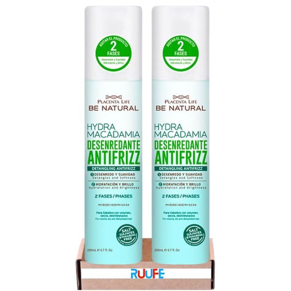 RUUFE Hydra Macadamia Hair Conditioner, 2 Pack - 200 ml - Placenta, Liffe, Be Natural, Anti-Frizz, Desenredante, Bifsico, Hidratacin and Brillo