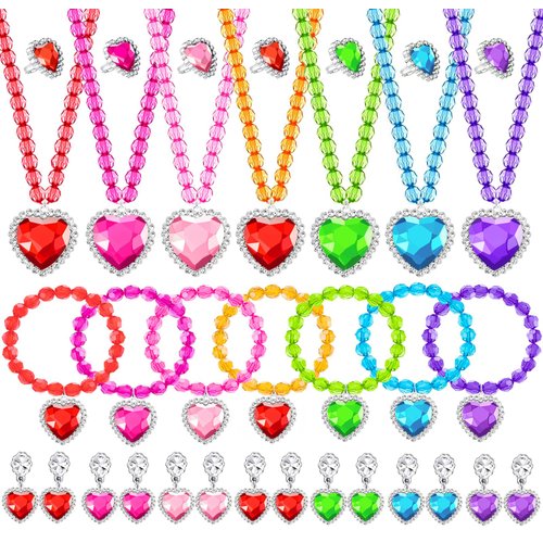 DIZRNOI Princess Jewelry Set for Girls with Colorful Necklace Bracelets Rings Earrings Birthday Gifts Party Favors Pretend Play Dress up Costume Friendship Jewelry for Toddler Girls (Heart)