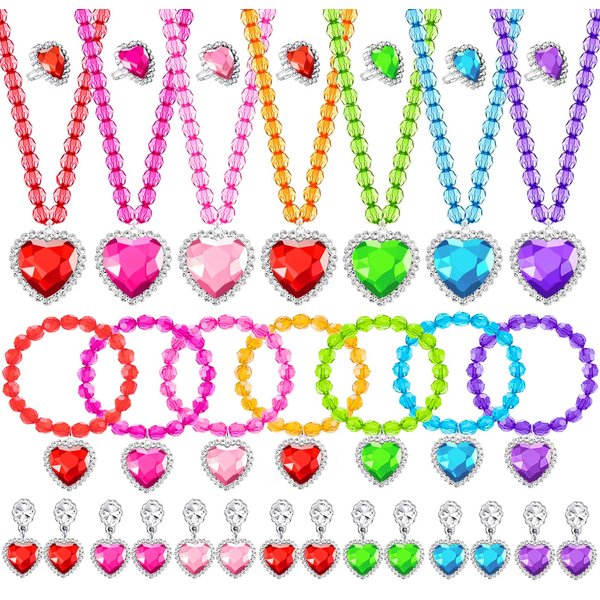 DIZRNOI Princess Jewelry Set for Girls with Colorful Necklace Bracelets Rings Earrings Birthday Gifts Party Favors Pretend Play Dress up Costume Friendship Jewelry for Toddler Girls (Heart)