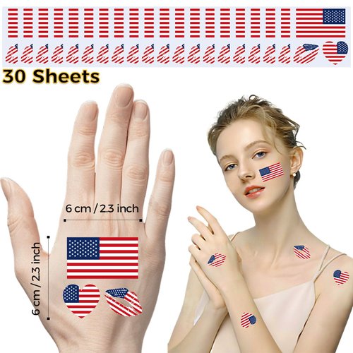 America Flag Tattoos, 30 Sheets America Flag Temporary Face Tattoos Stickers, 90 Pcs Waterproof Sweat National Flag Removable Fake Tattoos