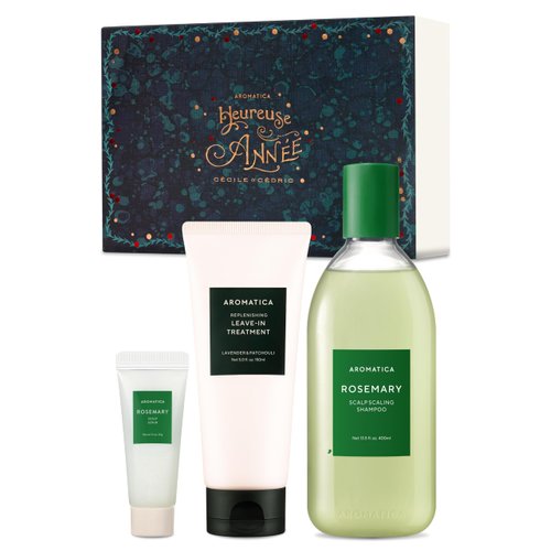 AROMATICA Rosemary Hair Care Holiday Gift Set - Shampoo for hair growth & Heat Protection Leave in Treatment & Scalp Treatment - Vegan and Silicone Free