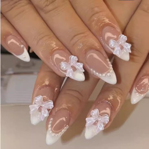 White French Tip Press on Nails Almond - WLGDLH Pink Fake Nails Short French Pearls False Nails Cute Bow Nail Charms Designs Nail Tips Acrylic Full Cover Glue on Nails for Women Girls 24 Pcs