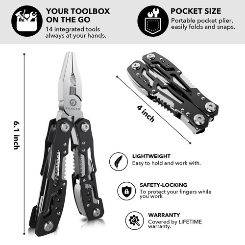 14-In-1 Multitool with Safety Locking, Professional Stainless Steel Multitool Pliers Pocket Knife, Bottle Opener, Screwdriver with Nylon Sheath ，Apply to Survival,Camping, Hunting and Hiking