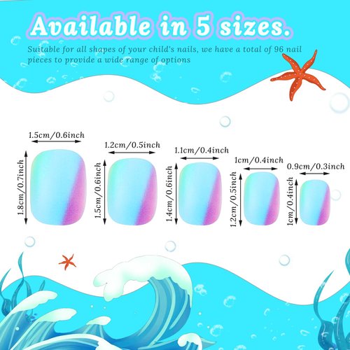 96 Pcs Fake Nail Press on Nails for Girls, Lovely False Nail Tips Pre-glue Full Cover Short Acrylic Gradient Color Nails for Girls Kids Nail Art Decoration(Blue Theme)