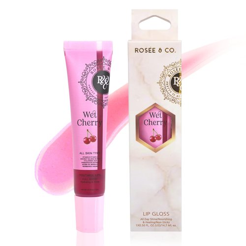 ROSÉE & CO Rosee Lip Gloss Vegan & Cruelty Free Treatment, Long Lasting Glossy with Shea Butter, Moisturize, Protect & Smooth - Clear (j.Wet Cherry)